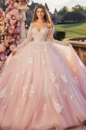 Princesse Rose Bal Épaule Dénudée Manches Longues Tulle Quinceanera Robe avec Appliques de Dentelle